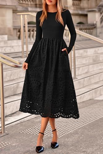 dowerme Women Spring Dresses 2026 Casual Long Sleeve Crewneck A-Line Boho Eyelet Cotton Maxi Wedding Guest Dress Pockets