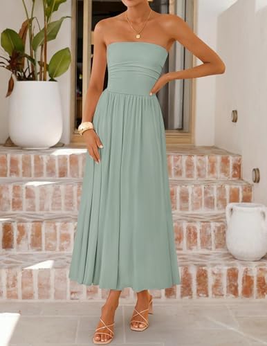 ZESICA Womens Summer Sleeveless Midi Dress 2026 Strapless Ruched A Line Flowy Wedding Guest Party Beach Long Dresses