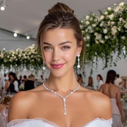 Unicra Rhinestone Bride Necklace Earrings Set Silver Crystal Bridal Wedding Jewelry Sets Prom Costume Jewelry Set Party Choker Necklace for Women and Brides