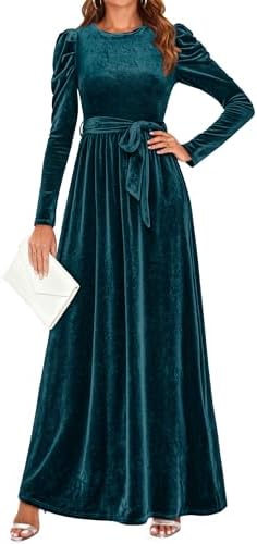 ZESICA Womens Velvet Maxi Dress Fall 2026 Long Puff Sleeve Crew Neck Elastic High Waist Cocktail Party Bridesmaid Dresses
