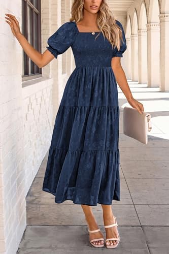 PRETTYGARDEN Womens 2026 Summer Casual Midi Dresses Square Neck Short Sleeve Smocked A Line Floral Flowy Elegant Boho Dress