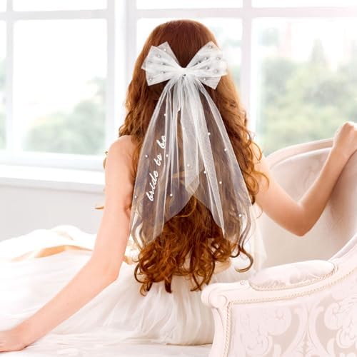 Bride to Be Embroidered Hair Bow Veil for Bachelorette Party Bridal Shower Tulle Pearl 2 Tier Bow Veil Engagement Accessory Bride Gift Velos De Novia (Style A)