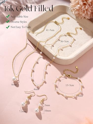 YADOCA Gold Jewelry Set for Women – 16K Gold Plated Pearl Necklace and Earring Set With Drop Earrings,Charm Layered Necklace,Adjustable Bracelets – Dainty Womens Pearl Jewelry Set For Wedding Gifts