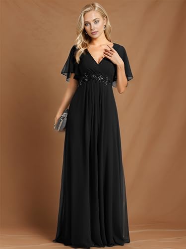 Ever-Pretty Womens Bridesmaid Dresses V-Neck Flutter Sleeve Long Chiffon A-Line Appliqued Waist Formal Dress