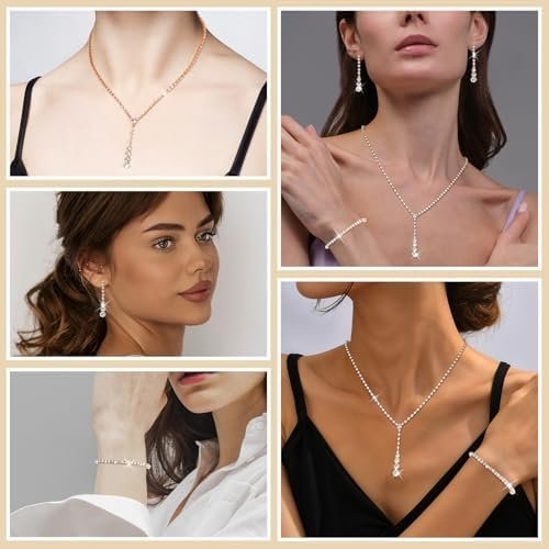 Gold Wedding Jewelry Sets for Women Gold Rhinestone Necklace Earrings Bracelet Bridesmaid Bridal Necklace for Wedding Costume Accessories for Women