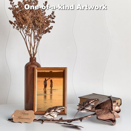 BESZONE 7 Year Anniversary Copper Gift for Her – Metal Rose Copper Gift for Wife 7th Wedding Anniversary for Him Husband Couples, Everlasting Flower 22nd 22 Year Handcrafted Love Stained Artwork