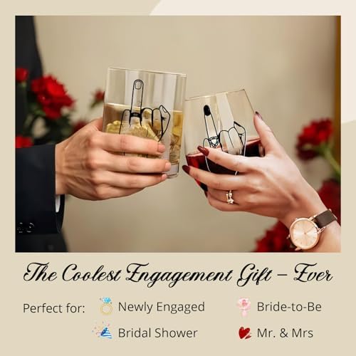 Funny Engagement/Wedding Gift for Couples Ring Finger Wine and Whiskey Glass SetCool Bridal Shower/Bachelorette Gift for Bride Groom, Newlyweds,Just Married,Mr and Mrs for Valentines Day