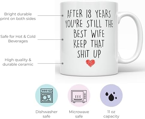 YouNique Designs 18 Year Anniversary Coffee Mug for Her, 11 Ounces, 18th Wedding Anniversary Cup For Wife, Eighteen Years, 18th Year (White)