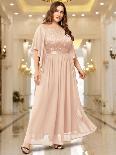 Miusol Womens Plus Size Sequin Lace with Ruffle Cape Cloak Sleeves Elegant Evening Gown Wedding Guest Maxi Dress