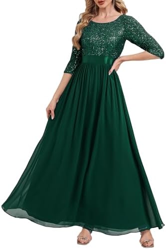 Ever-Pretty Womens Sequin Chiffon Formal Dresses A-Line Half Sleeves Maxi Evening Gown Mother of Bride Dress