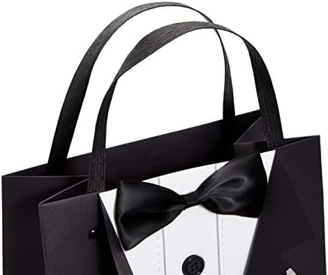 Sparkle and Bash Groomsmen Gift Bags With 3D Tuxedo Design, Satin Bow Tie & Real Buttons – Black, 6 Pack, 8 x 4.5 x 10 In – Wedding & Bachelor Party – Tuxedo Gift Bags for Men
