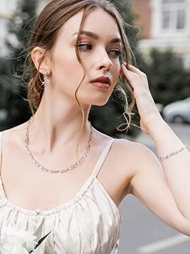 SWEETV Cubic Zirconia Wedding Jewelry Sets for Bride Bridesmaids, Crystal Leaf Vine Bridal Earrings and Necklace Set for Women Jewelry Gifts