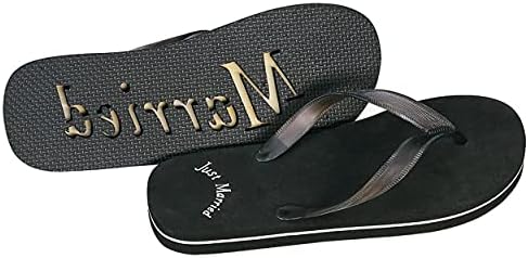 WEDDINGSTAR Just Married Wedding Favor Flip Flops – Black and White Honeymoon Sandals