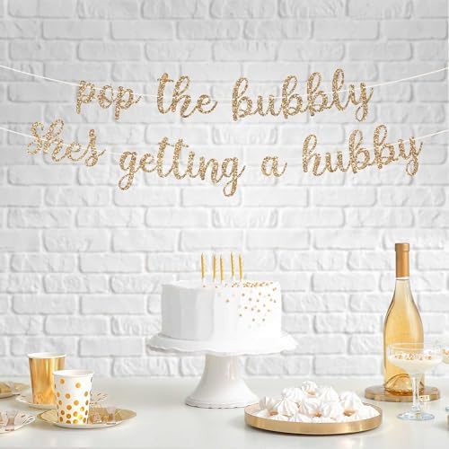 Pre-strung Pop the Bubbly Shes Getting a Hubby Banner – No DIY – Gold Glitter Bachelorette Bridal Party Banner – Pre-strung on 8 ft Strand – Bachelorette Party Decorations. Did We Mention No DIY