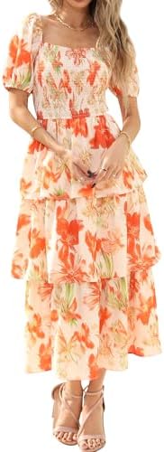 BTFBM Womens Square Neck Smocked Dress Summer Puff Short Sleeve Floral Casual Ruffle Tiered Maxi Wedding Guest Dresses