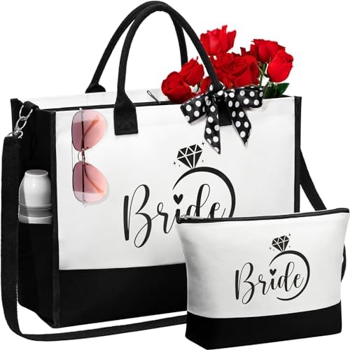 MAYICIVO Bridal Shower Gifts for Bride, Bride to Be Gifts Wedding Engagement Bachelorette Party Gift for Brides Congratulation Honeymoon Gift Set – Canvas Beach Tote Bag & Makeup Bag