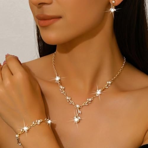 Unicra Pearl Jewelry Set Gold Prom Formal Necklace Earrings Bracelet Sets Rhinestone Bridal Wedding Jewelry Sets for Women and Brides