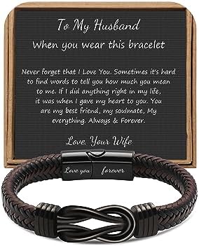 Brown Braided Leather Stainless Steel Infinity Bracelets Lettering Love You Forever Gifts for Son Grandson Husband Boyfriend Brother Always Linked Together