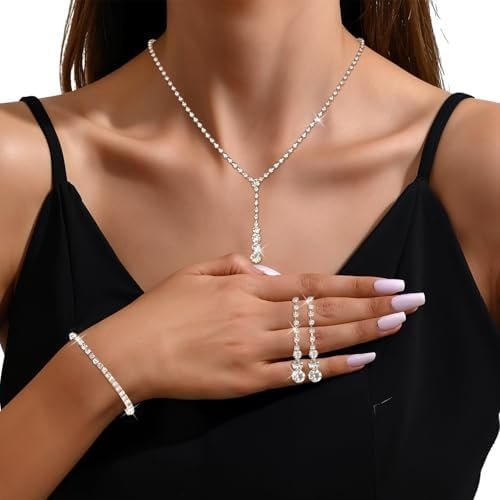 Gold Wedding Jewelry Sets for Women Gold Rhinestone Necklace Earrings Bracelet Bridesmaid Bridal Necklace for Wedding Costume Accessories for Women