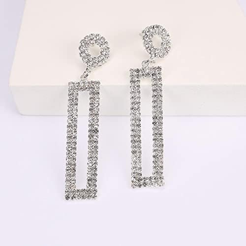 Rhinestone Long Drop Earrings Statement Rectangle Dangle with Circle Studs Fashion Jewelry