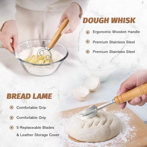 Sourdough Proofing Basket Gift Set, 9 Round and 10 Oval Banneton Bread Baking Supplies, Sourdough Baskets with Bread Lame, Danish Whish, Bowl Scraper, Sourdough Scraper, and Linen Liners