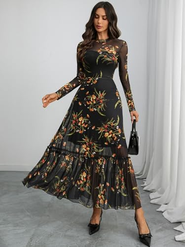 GothDark Womens Floral Mesh Dress Long Sleeve Round Neck A Line Gothic Vintage Casual Wedding Guest Maxi Dresses