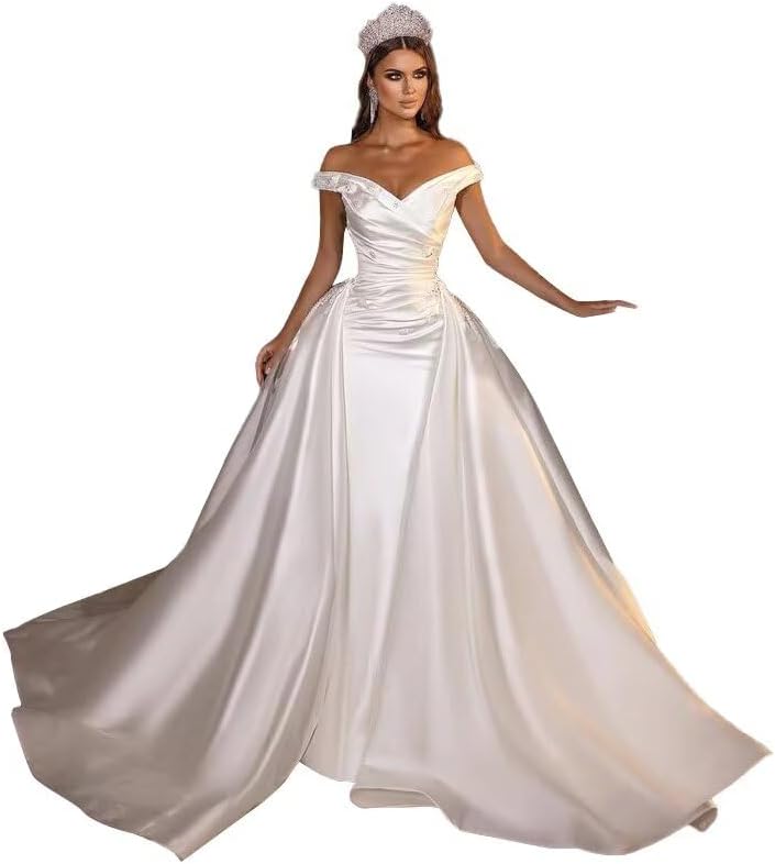 Mermaid Wedding Dresses for Bride 2025 Beaded Satin Off Shoulder Bride Dress Detachable Train