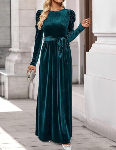 ZESICA Womens Velvet Maxi Dress Fall 2026 Long Puff Sleeve Crew Neck Elastic High Waist Cocktail Party Bridesmaid Dresses