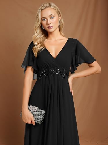 Ever-Pretty Womens Bridesmaid Dresses V-Neck Flutter Sleeve Long Chiffon A-Line Appliqued Waist Formal Dress
