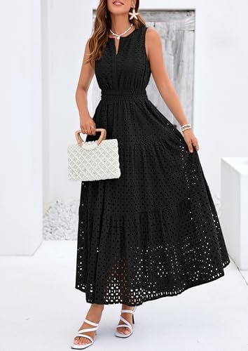 PRETTYGARDEN Summer Dresses for Women 2026 Sundresses Sleeveless V Neck Eyelet A Line Flowy Beach Vacation Spring Maxi Dress