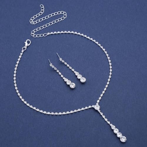 Wedding Necklace and Earring Set Silver Long Rhinestone Dangle Earrings Dainty Diamond Cubic Zirconia Bridal Chain Sparkly Crystal Tiny Y Drop Lariat Cz Pendant Choker Statement Bridesmaid for Women