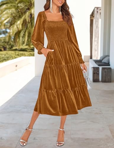 ZESICA Womens Velvet Long Sleeve Dresses 2026 Winter Square Neck Smocked Ruffle A Line Flowy Cocktail Party Midi Dress