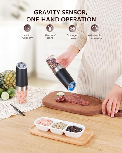 Sangcon Gravity Electric Salt and Pepper Grinder Set Automatic Shakers Mill Grinder with LED Light, BATTERY POWERED Adjustable Coarseness One Hand Operation, Upgraded Larger Capacity