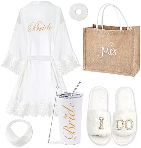 EPLAZA 6 Pcs Bride Robe for Wedding Day Set Bridal Robe with Slippers Tumbler Tote Lace Trim Wedding Robes for Bachelor Party