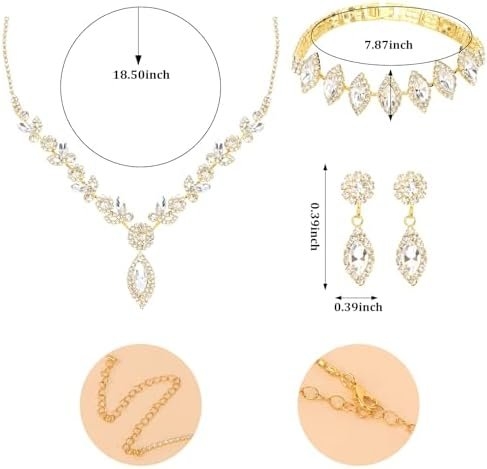 yuxiaoyu Bridal Jewelry Set for Wedding Prom Jewelry Set for Women Sparkly Rhinestone Necklace Earrings Bracelet Sets for Bride Bridesmaid Quinceanera Costume Accessories