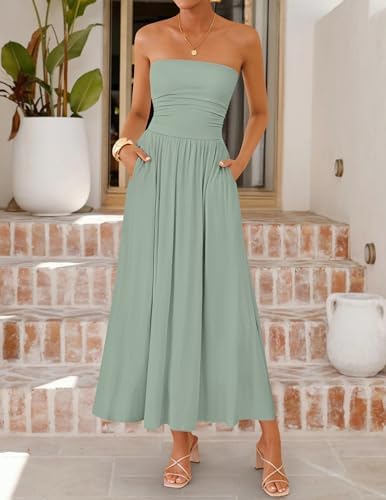 ZESICA Womens Summer Sleeveless Midi Dress 2026 Strapless Ruched A Line Flowy Wedding Guest Party Beach Long Dresses