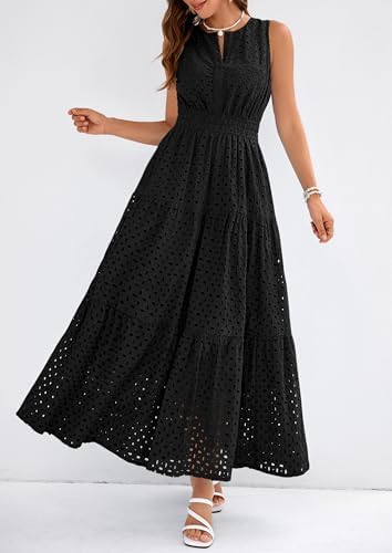 PRETTYGARDEN Summer Dresses for Women 2026 Sundresses Sleeveless V Neck Eyelet A Line Flowy Beach Vacation Spring Maxi Dress