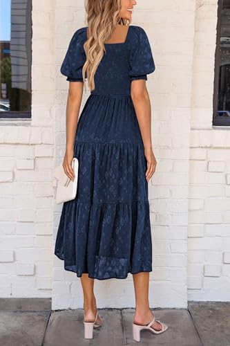 PRETTYGARDEN Womens 2026 Summer Casual Midi Dresses Square Neck Short Sleeve Smocked A Line Floral Flowy Elegant Boho Dress