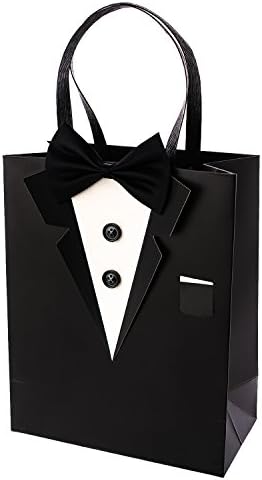 Crisky 6 Pack Classic Black 3D Tuxedo Gift Bags Real Bow Tie, Buttons for Groomsman Fathers Birthday Anniversary Wedding Favor 10 x8 x4
