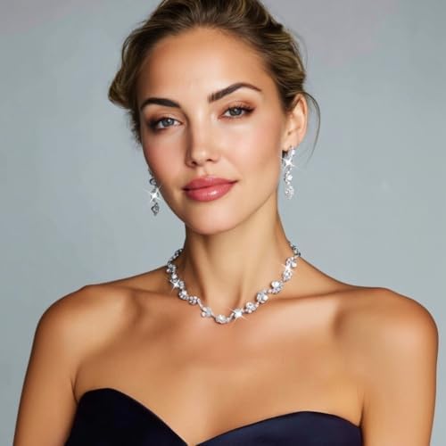 Unicra Bride Silver Necklace Earrings Set Crystal Bridal Wedding Jewelry Set Rhinestone Choker Necklace for Women and Brides