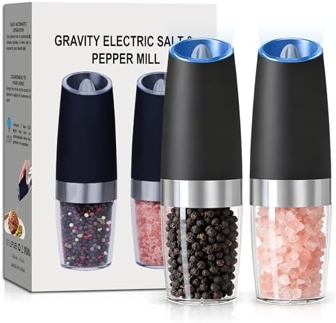 Gravity Electric Salt and Pepper Grinder set of 2, Automatic Salt And Pepper Grinder Set, Adjustable Roughness, Battery Powered, LED Light, 2 Pack, (Black)
