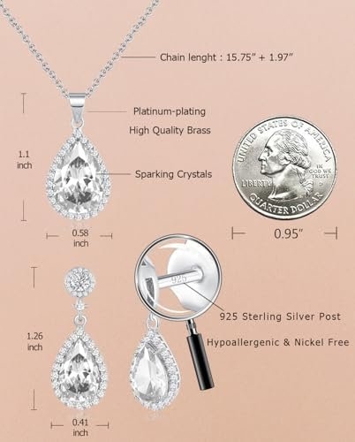 Jewelry Sets For Women 925 Sterling Silver Post Teardrop Dangle Stud Earrings Necklace Set Crystal Rhinestone Wedding Prom Costume Jewelry for Women