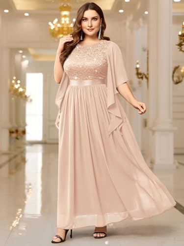 Miusol Womens Plus Size Sequin Lace with Ruffle Cape Cloak Sleeves Elegant Evening Gown Wedding Guest Maxi Dress