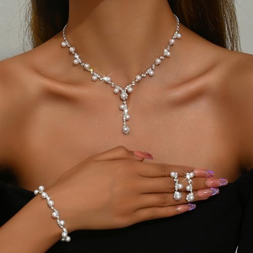 Wedding Jewelry Sets for Brides Silver Rhinestone Necklaces Earring Bracelet Set Wedding Sets for Women Prom Jewelry Sets for Women