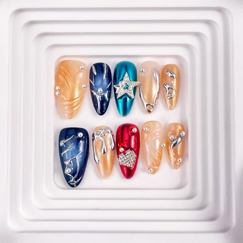 RDNTBEU Press on Nails Beach Medium Almond 3D Fake Nails Reusable Luxury Handmade False Nails with Design Pearl Heart Solid Star,Press ons Muti-Layer Acrylic Handmade Nails for Wome Manicure(Size M)