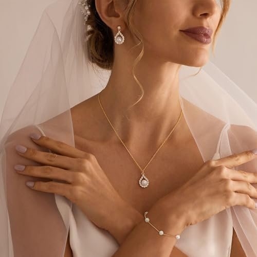 Jewelry Sets for Women,Dainty 14k Gold Plated Pearl Earrings Necklace Bracelet Fashion Silver Bridal Jewelry accessories SimpleWedding Jewelry Sets for Brides
