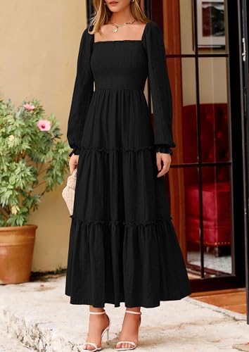 PRETTYGARDEN Spring Dresses for Women 2026 Casual Long Sleeve Smocked Ruffle Flowy Elegant Wedding Guest Maxi Dress Pockets
