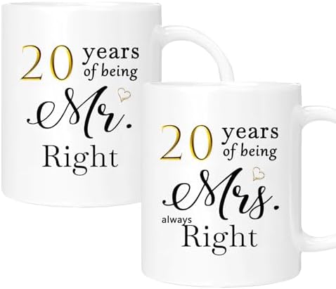 20th Anniversary Coffee Mugs Set of 2, 20 Year Anniversary Wedding Gifts Decorations for Couple Parents Men Women Husband Wife Him Her, Gift Box Packaging, 11oz
