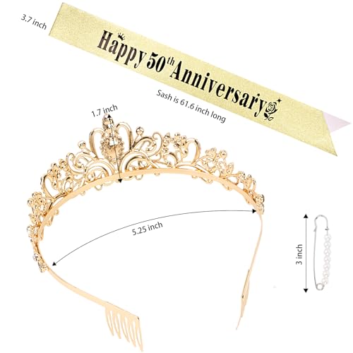 YARIEW 50th Anniversary Decorations, Gold Crown and Happy 50th Anniversary Sash Set, Tiara Crown Sash for 50th Wedding Anniversary Decorations for Party Gifts for Women