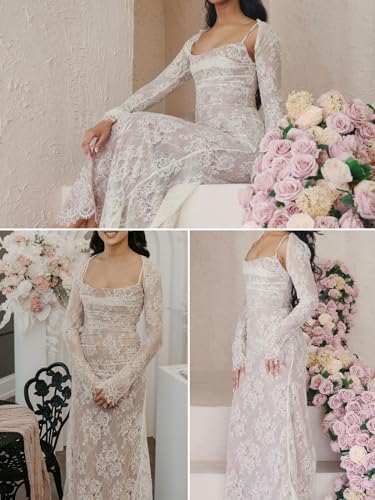 Women Cami Lace Maxi Dress Romantic Long Sleeve Lace Bodycon Dresses Elegant